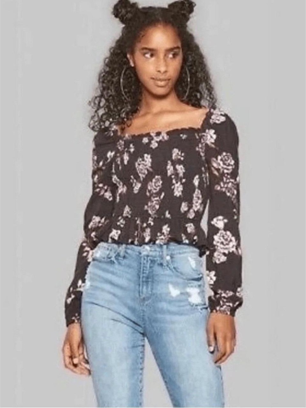wild fable Black Off-Shoulder Floral Smocked Blouse Size XS